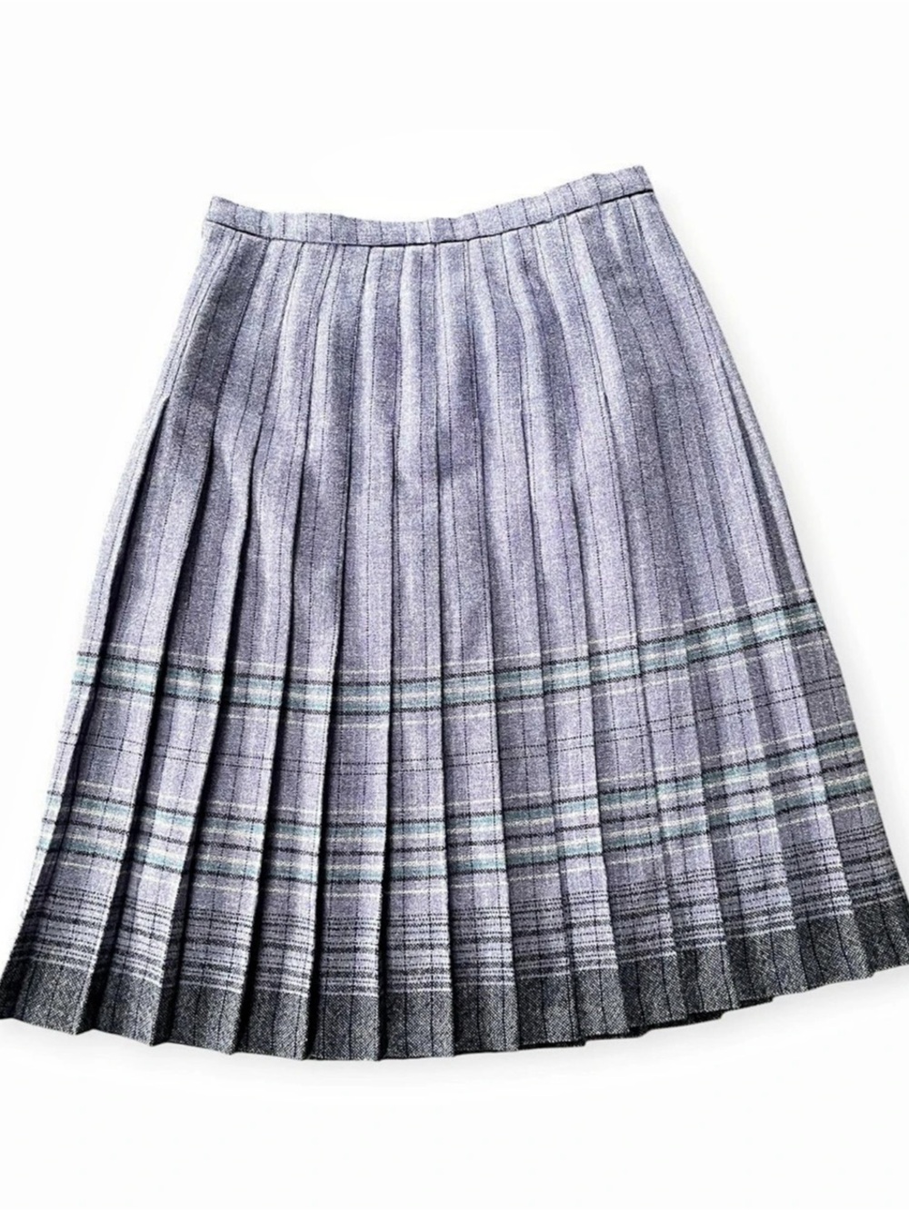 VINTAGE Pleated Plaid Wool A-Line Midi Skirt Purple Gray Academia Preppy Punk